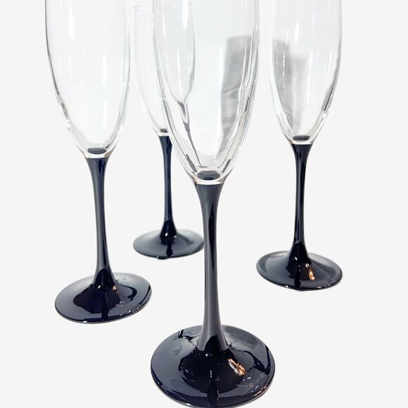 Vintage Set of 4 LUMINARC TALL BLACK STEM CHAMPAGNE FLUTES - Picture 2 of 5